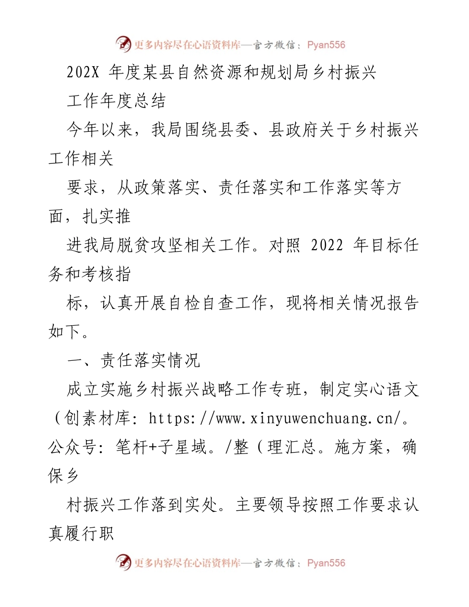 [工作总结] 乡村振兴工作 - 202X年度某县自然资源和规划局乡村振兴工作总结报告.docx_第1页