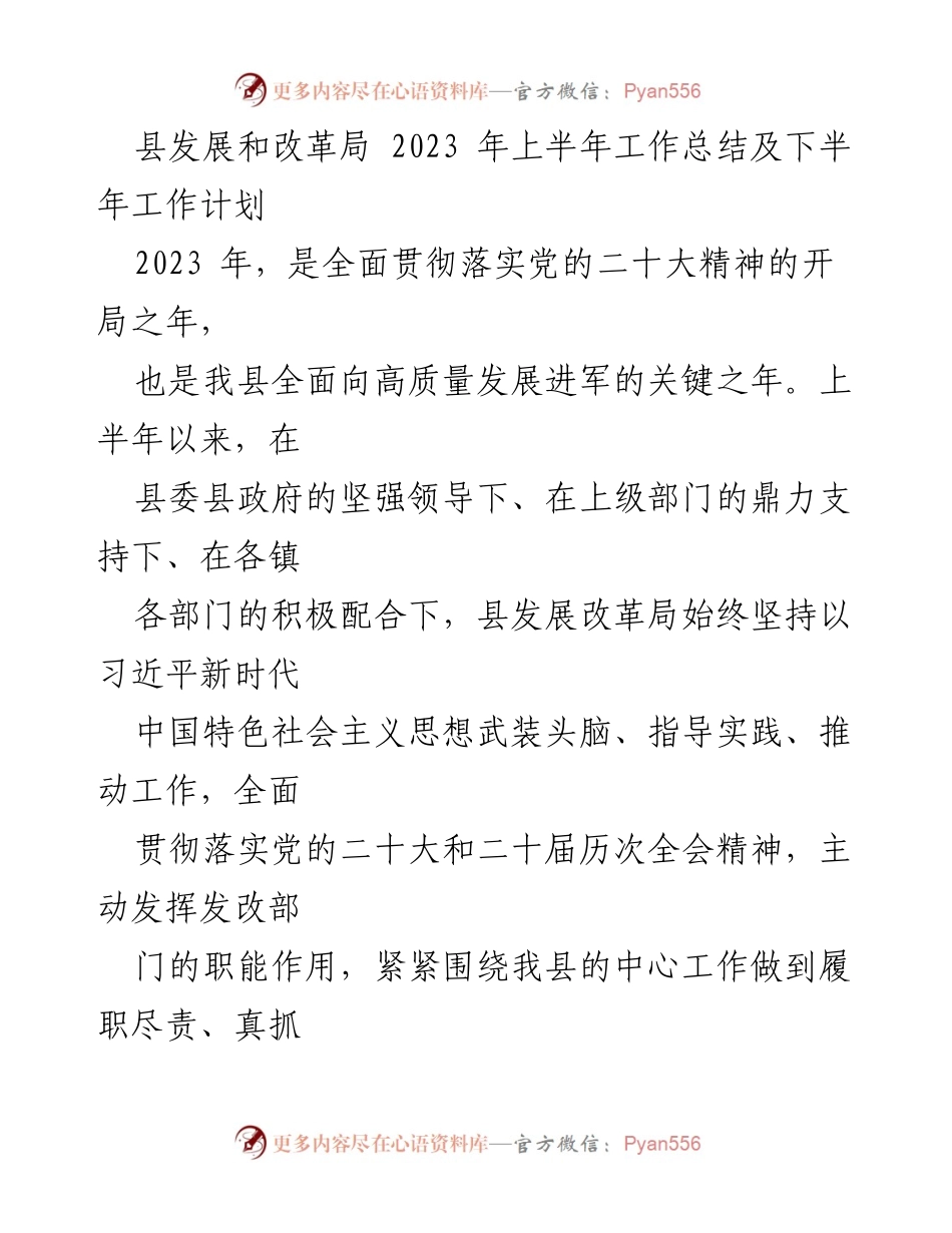 [工作总结] 上半年工作总结 - 2023年县发展和改革局上半年工作总结及下半年工作计划.docx_第1页