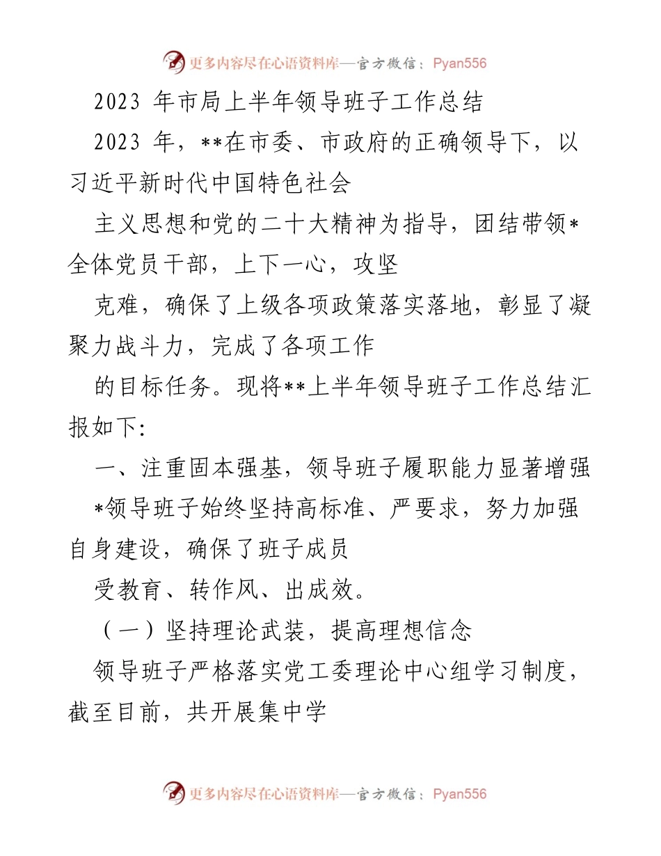 [工作总结] 上半年 - 2023年市局领导班子工作总结与成效分析.docx_第1页