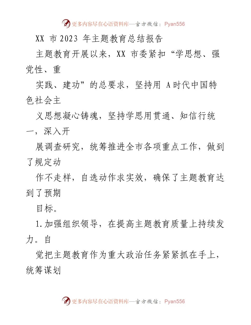 [工作总结] 主题教育 - XX市2023年主题教育工作总结报告.docx_第1页