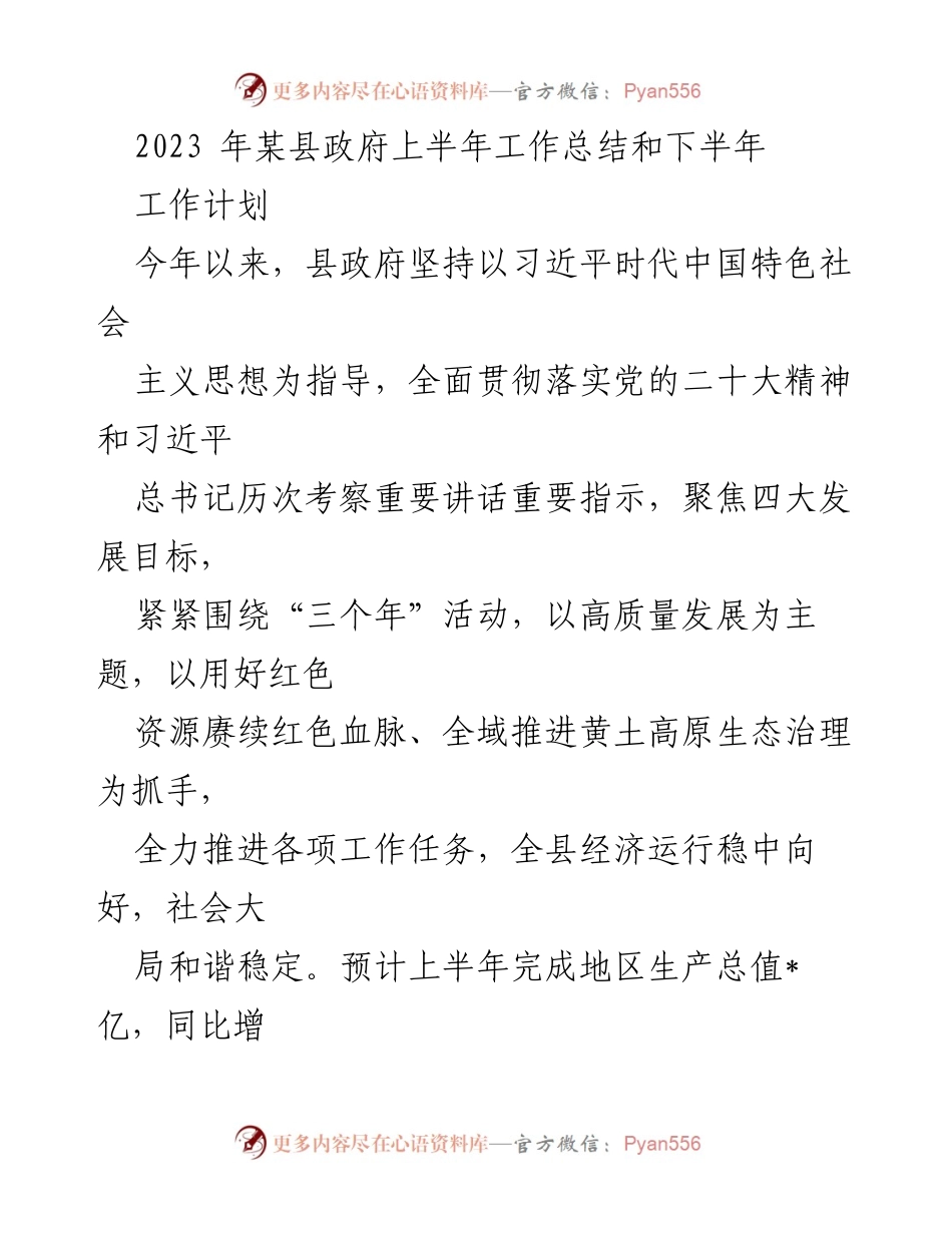 [工作总结] 上半年工作总结与下半年工作计划 - 2023年某县政府上半年工作总结与下半年计划报告.docx_第1页