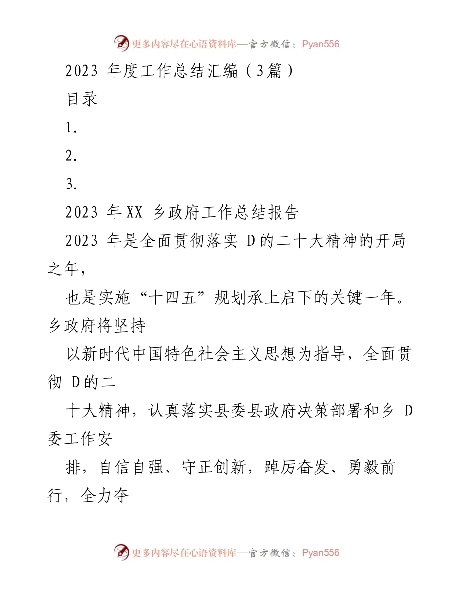 [工作总结] 乡政府 - 2023年度工作总结报告.docx_第1页