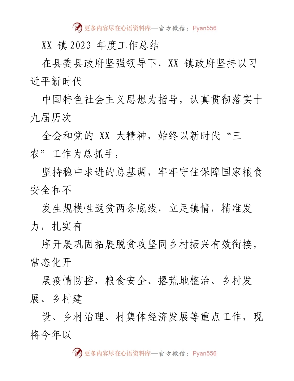 [工作总结] XX 镇2023年度 - XX 镇2023年度工作总结与成效分析.docx_第1页