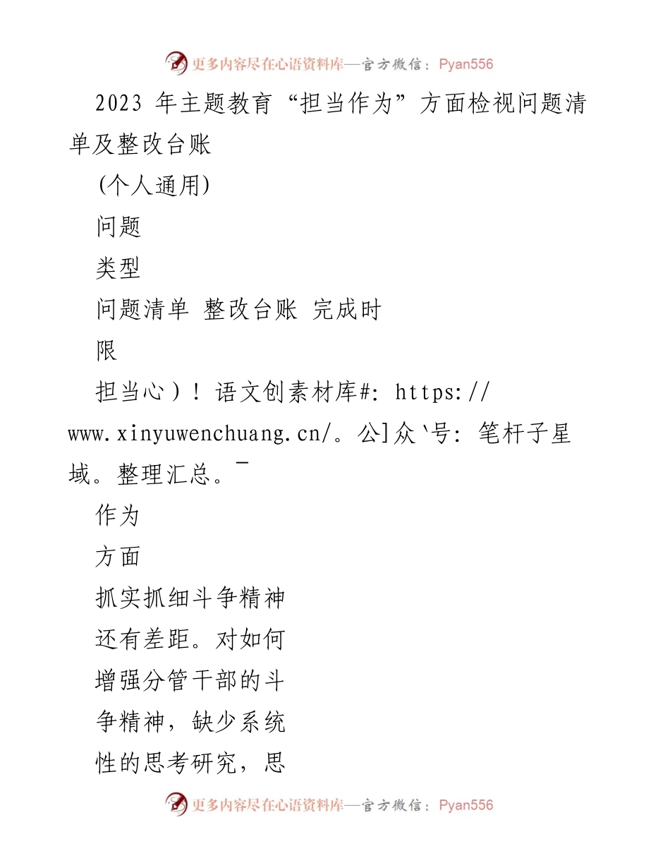 [工作总结] 主题教育 - 2023年主题教育“担当作为”方面问题检视与整改总结.docx_第1页