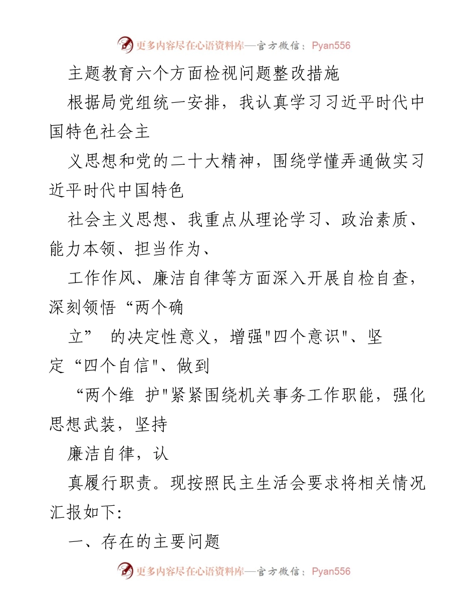 [工作总结] 主题教育 - 主题教育六个方面问题整改措施汇报.docx_第1页