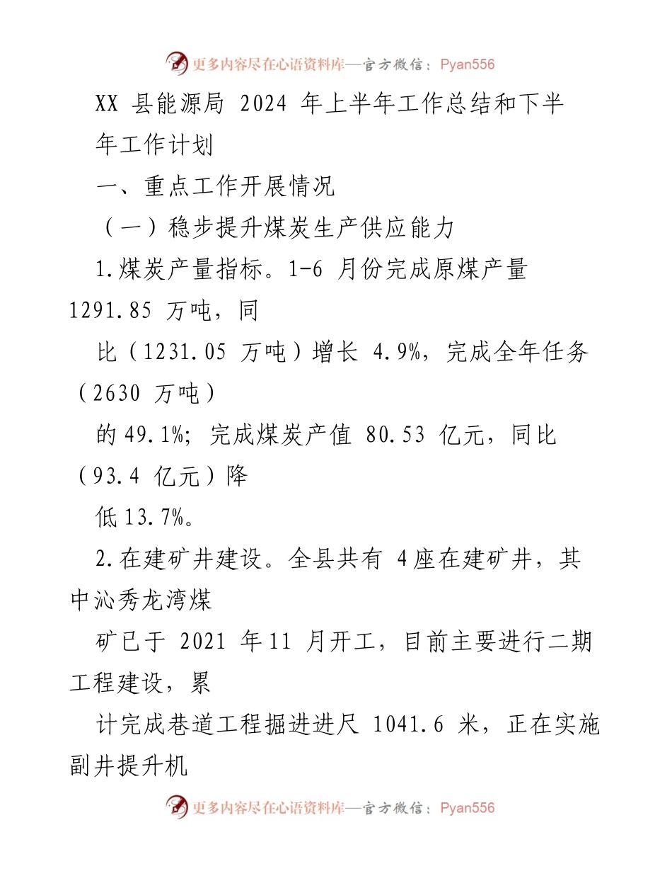 [工作总结] XX县能源局 - 2024年上半年工作总结与下半年工作计划.docx_第1页