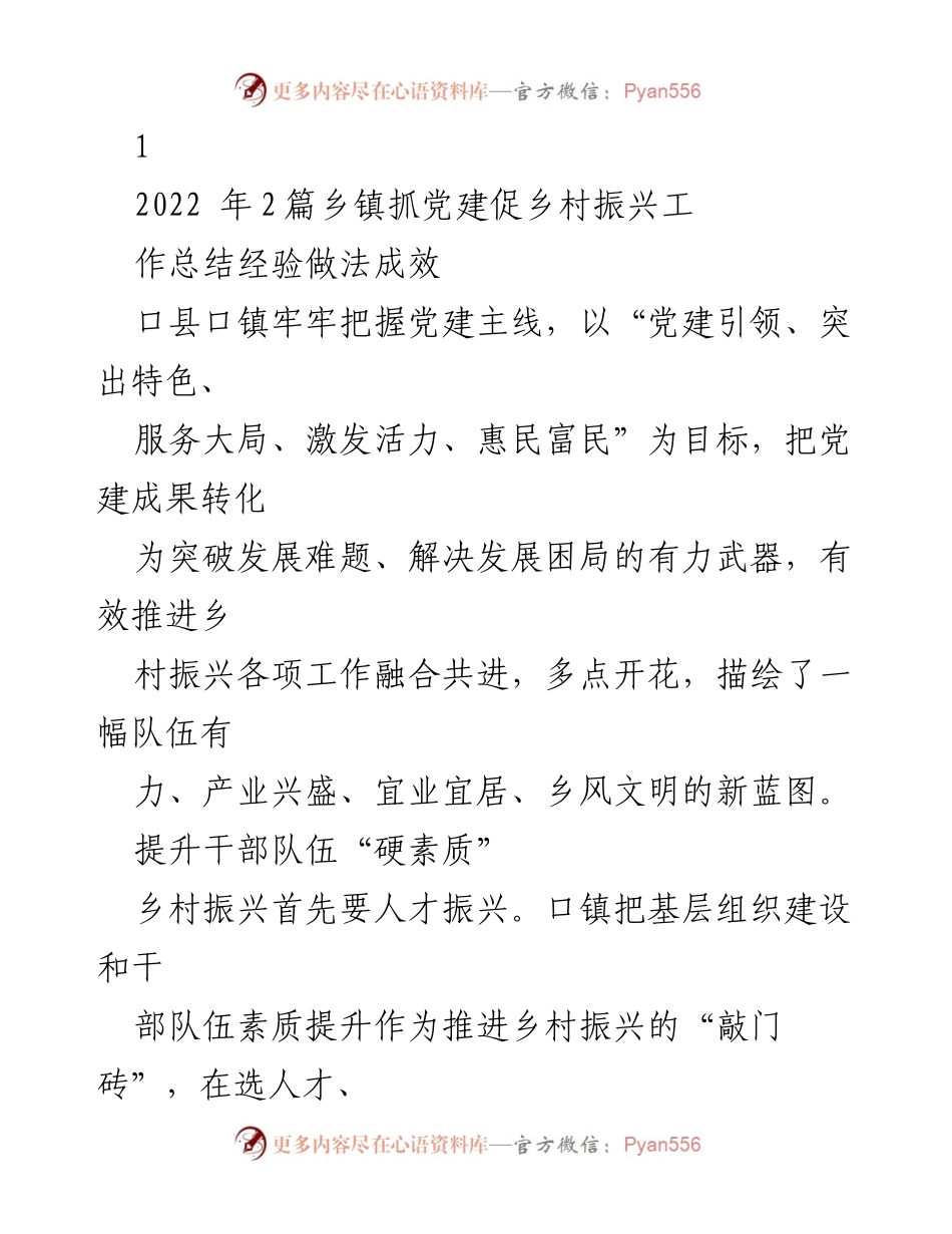 [工作总结] 乡镇党建与乡村振兴 - 党建引领乡村振兴：口镇工作总结与经验分享.docx_第1页