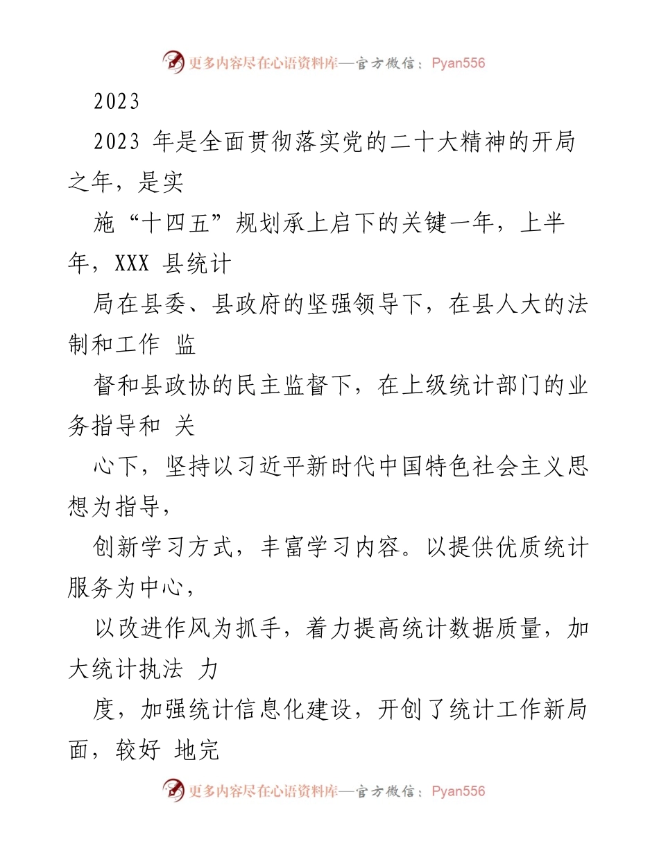 [工作总结] XXX县统计局 - 2023年上半年统计工作总结与发展情况.docx_第1页