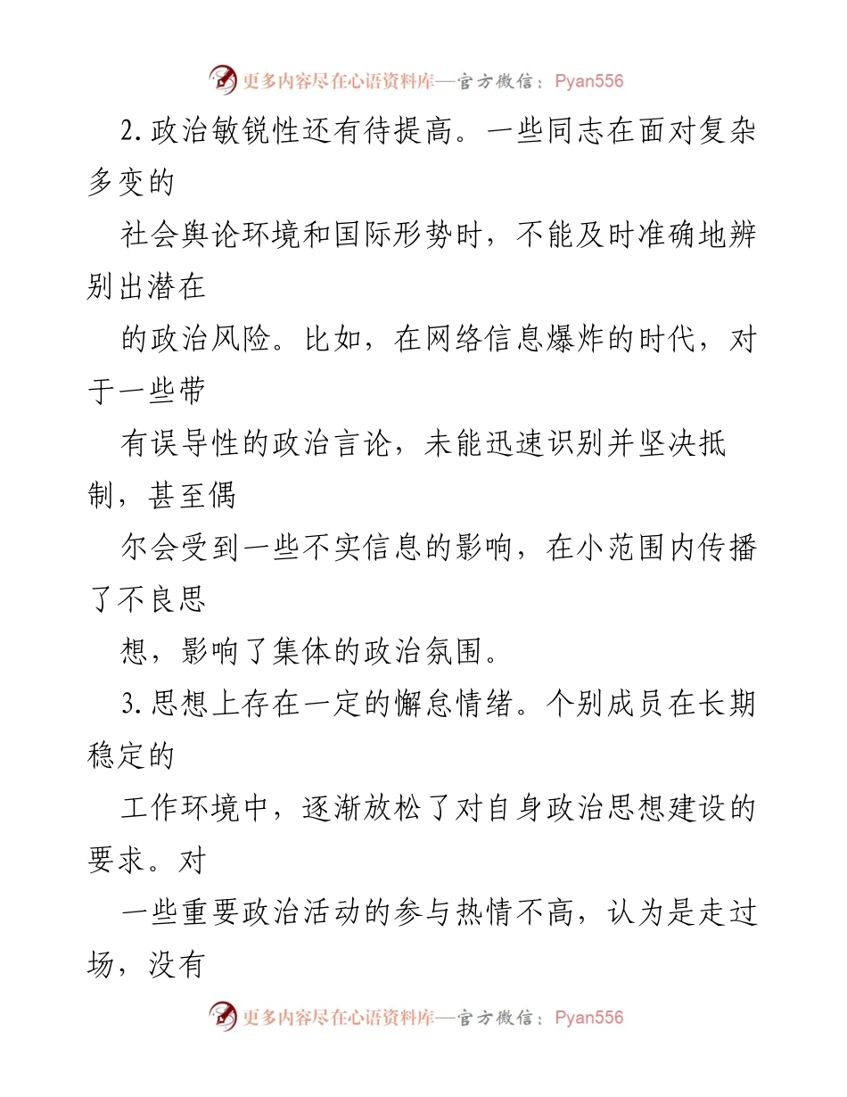 [工作总结] 2024年民主生活会 - 政治思想与工作作风问题及改进建议汇总.docx_第2页