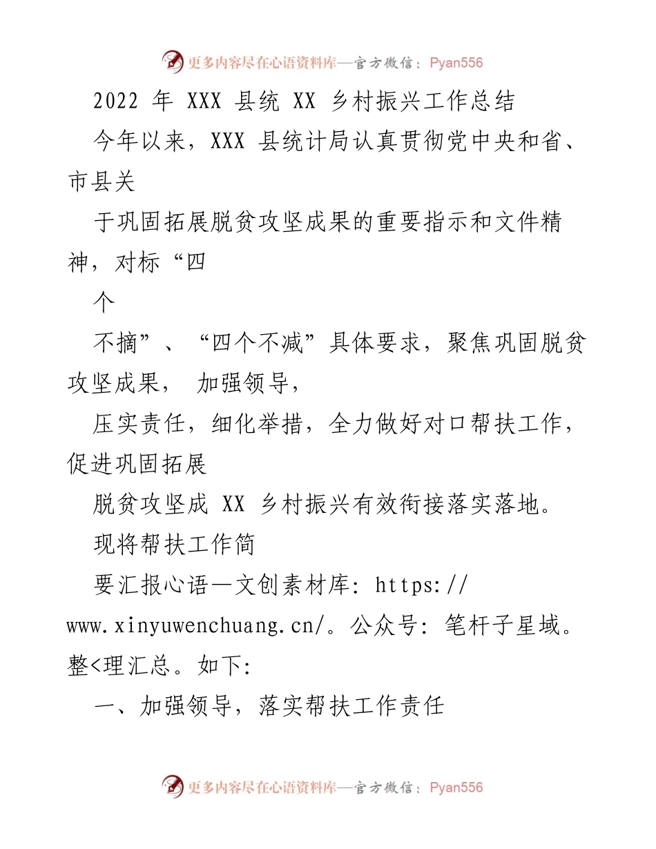 [工作总结] 乡村振兴 - XXX 县 2022 年度乡村振兴帮扶工作总结.docx_第1页