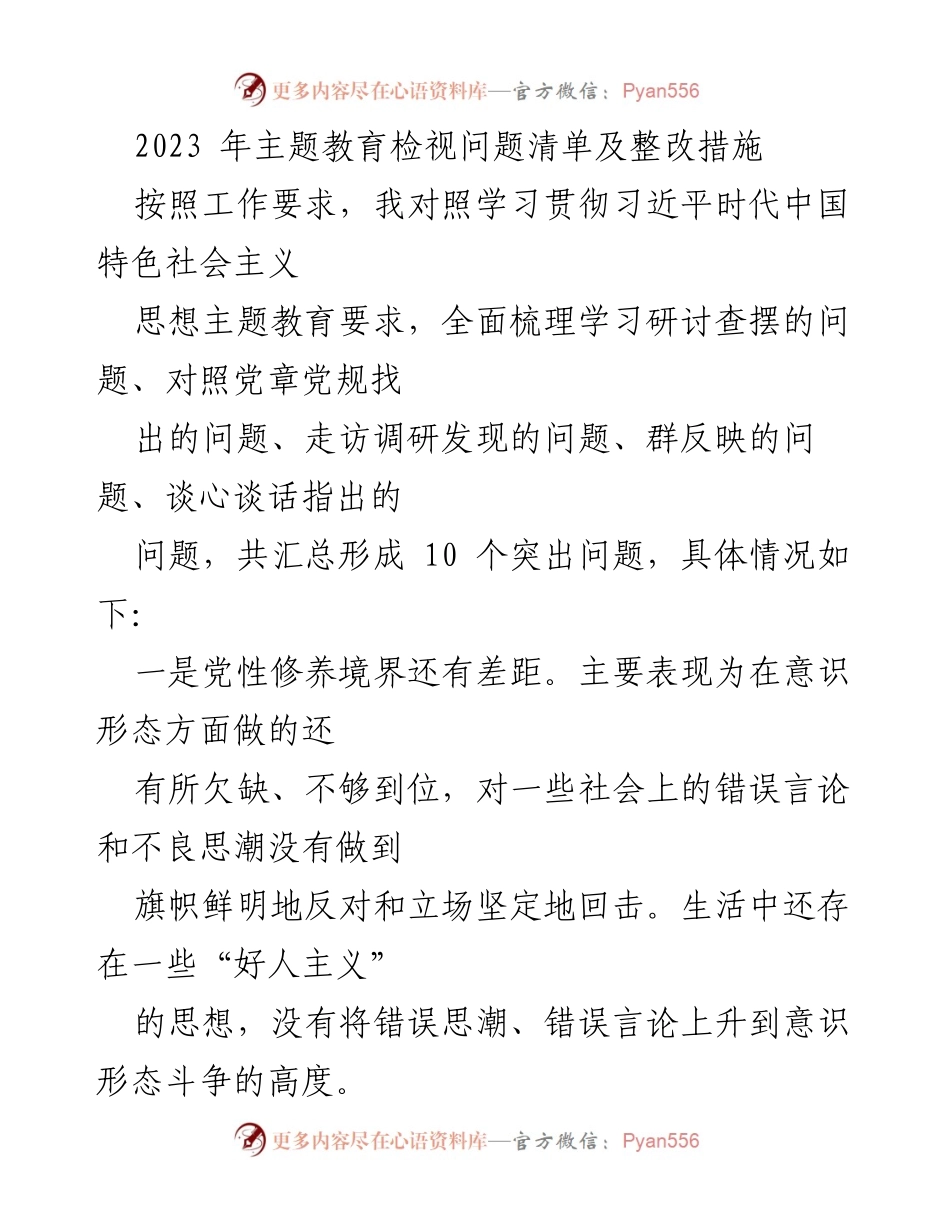 [工作总结] 主题教育 - 2023年主题教育问题检视与整改措施.docx_第1页