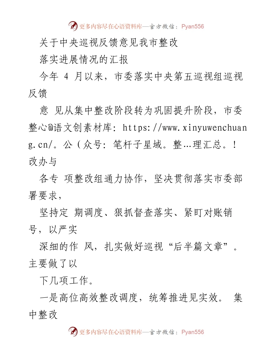 [工作总结] 中央巡视整改 - 我市中央巡视反馈意见整改落实进展情况汇报.docx_第1页