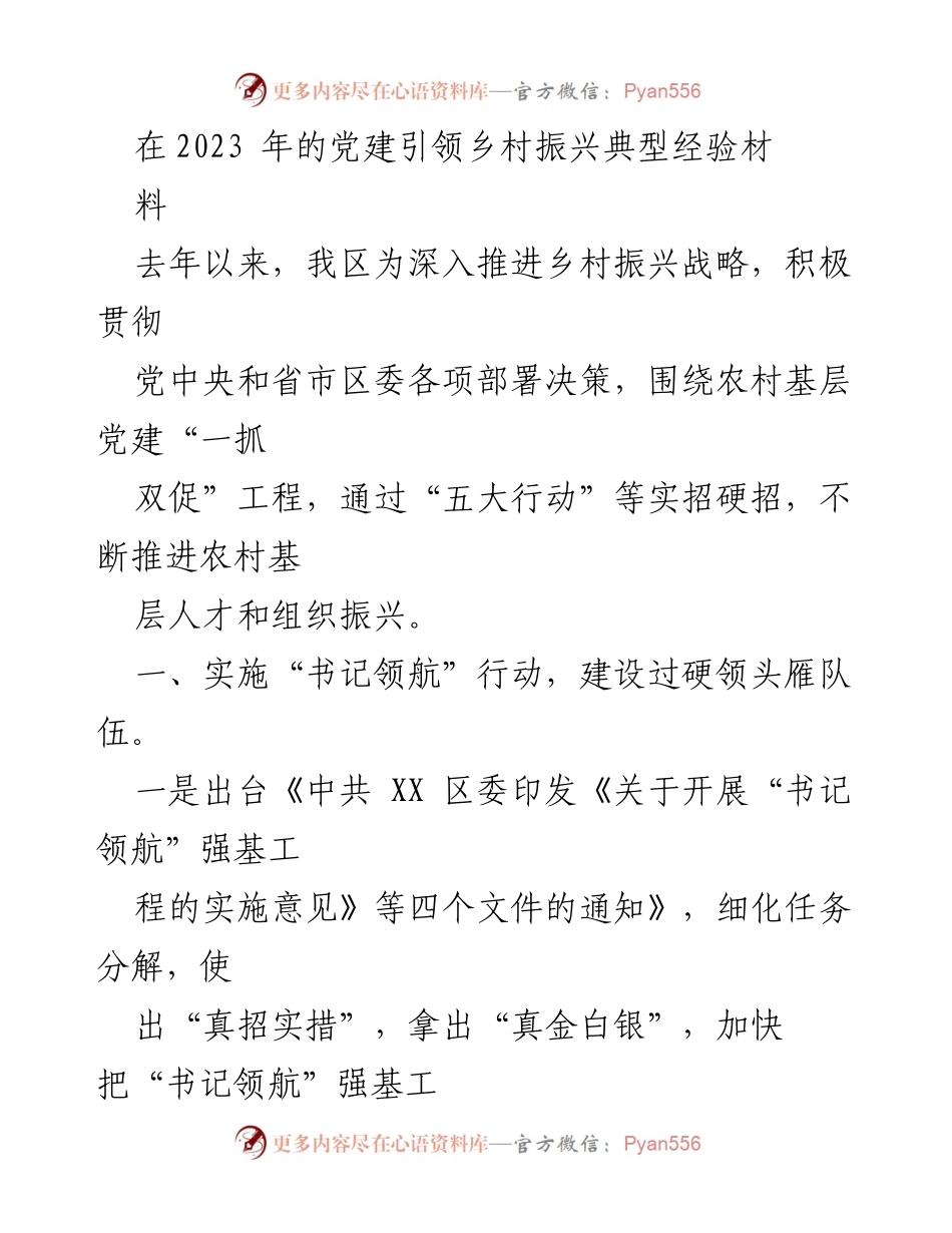 [工作总结] 乡村振兴党建工作 - 2023年党建引领乡村振兴经验总结.docx_第1页