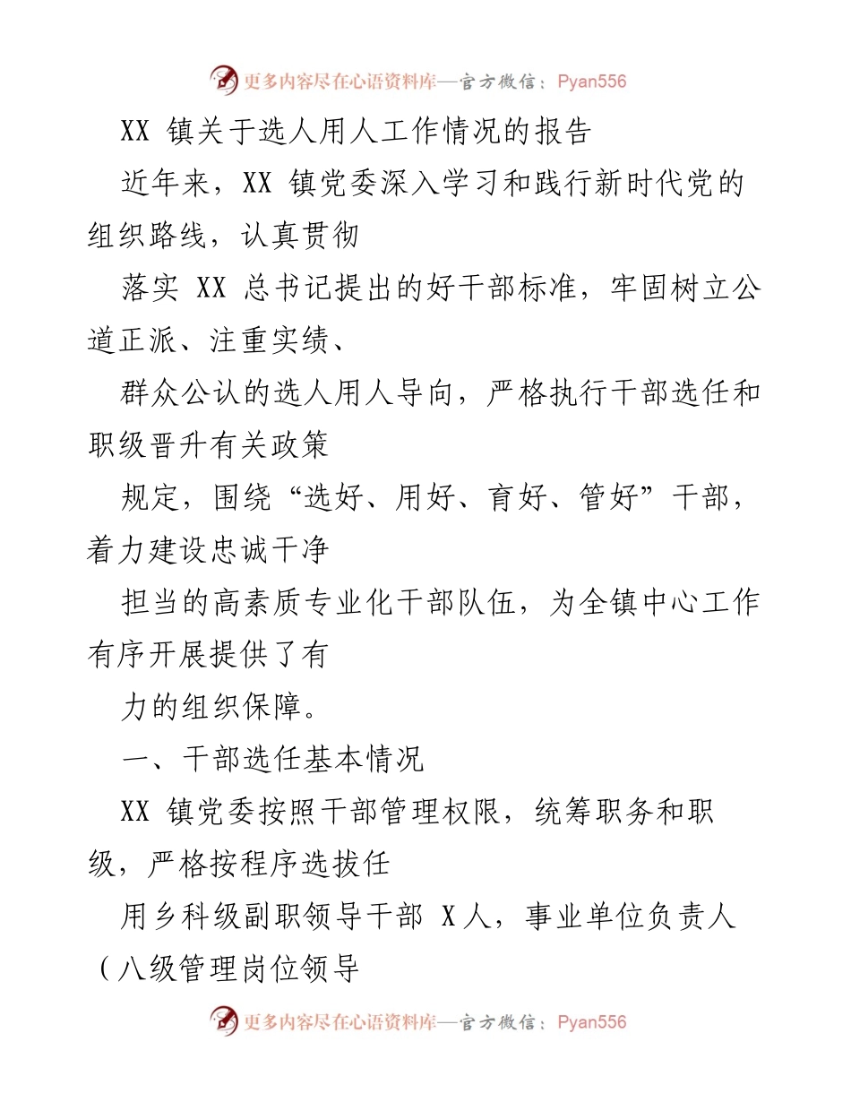 [工作总结] XX 镇 - XX 镇选人用人工作情况报告.docx_第1页