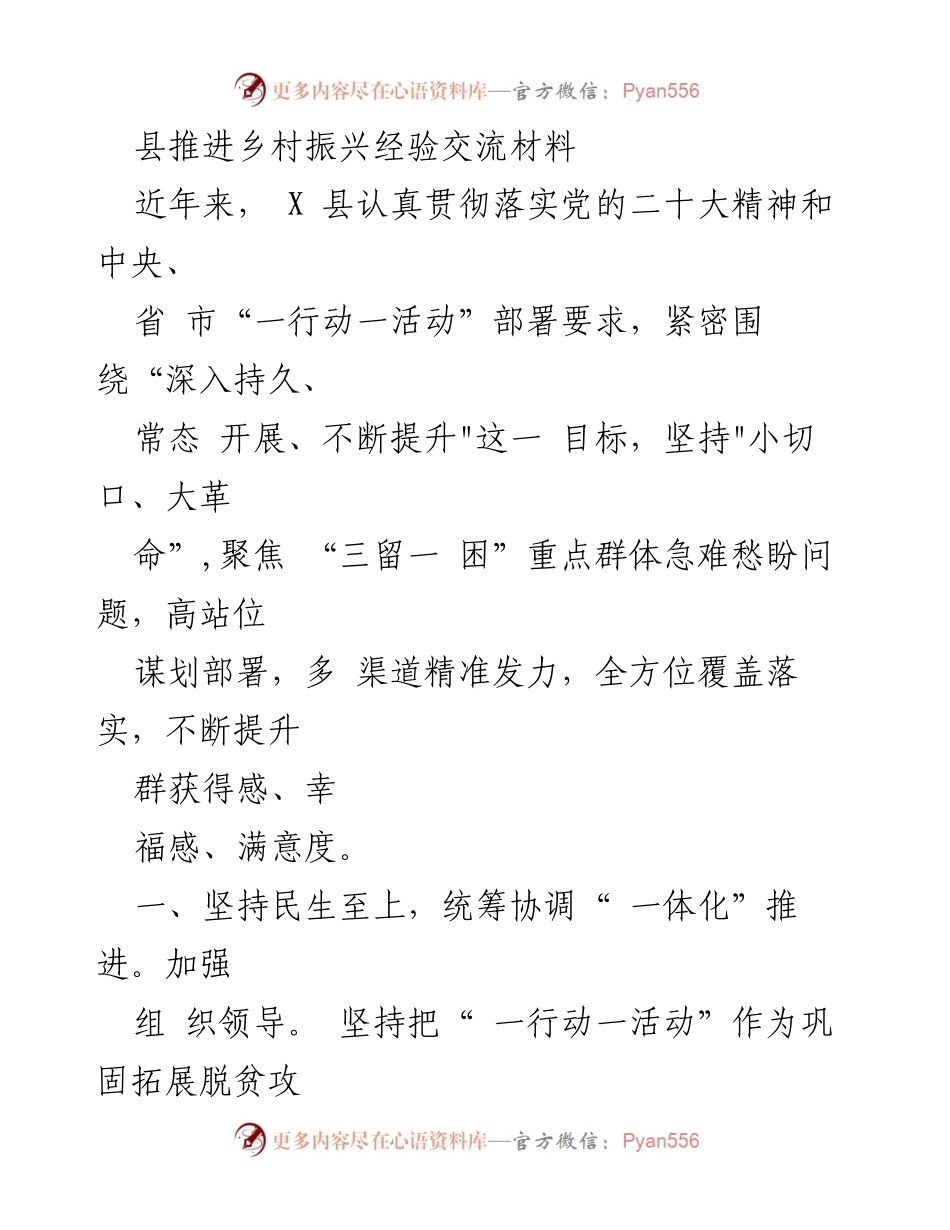 [工作总结] 乡村振兴经验交流 - X县乡村振兴工作成效与经验总结.docx_第1页