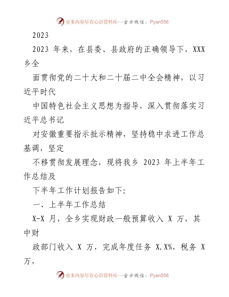 [工作总结] 乡镇工作会议 - 2023年上半年工作总结及下半年工作计划报告_1.docx_第1页