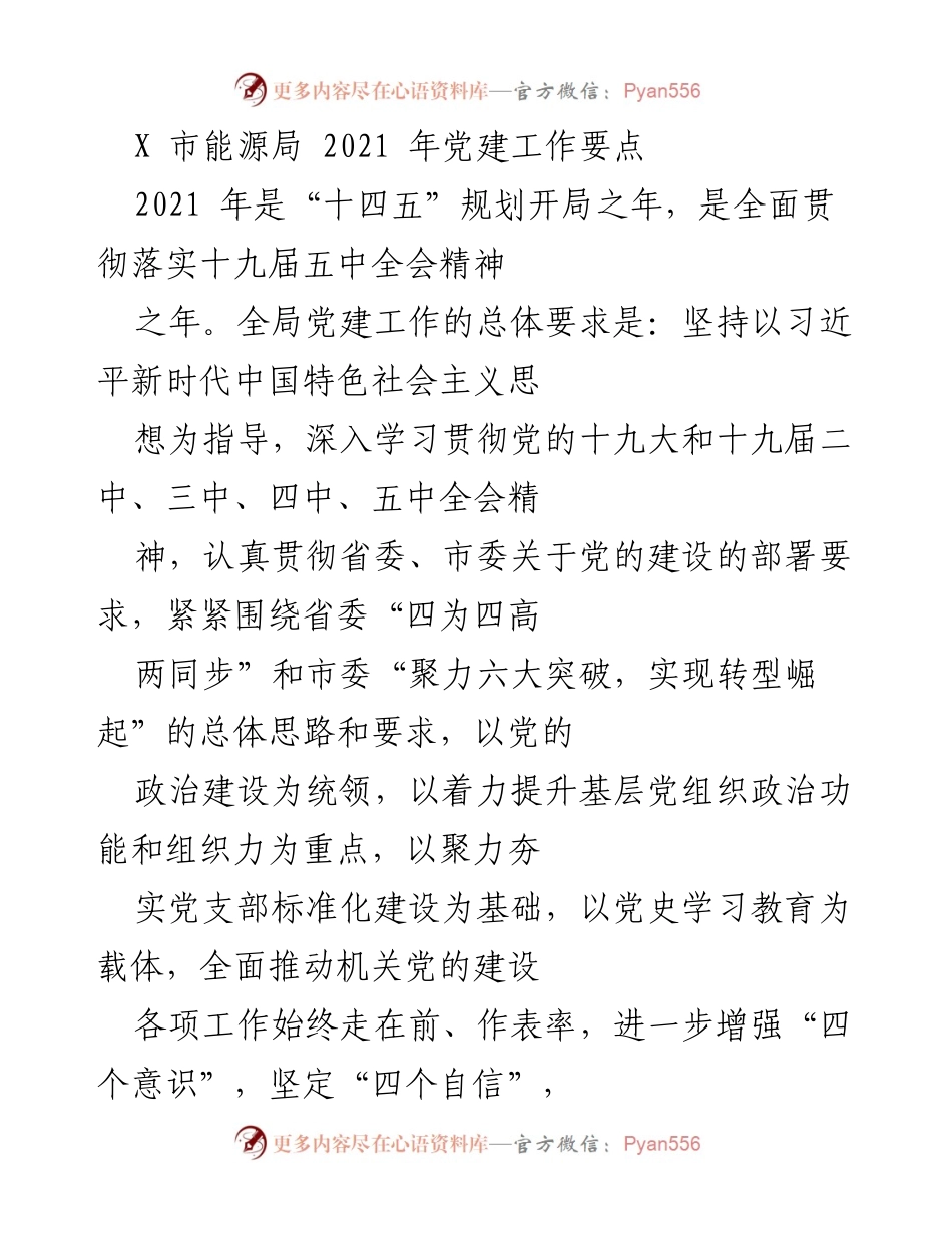 [工作总结] X市能源局2021年党建工作 - 2021年党建工作要点与实施方案.docx_第1页