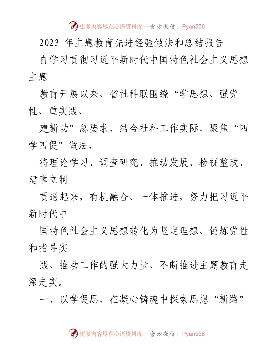 [工作总结] 主题教育活动 - 2023年主题教育先进经验总结报告.docx_第1页