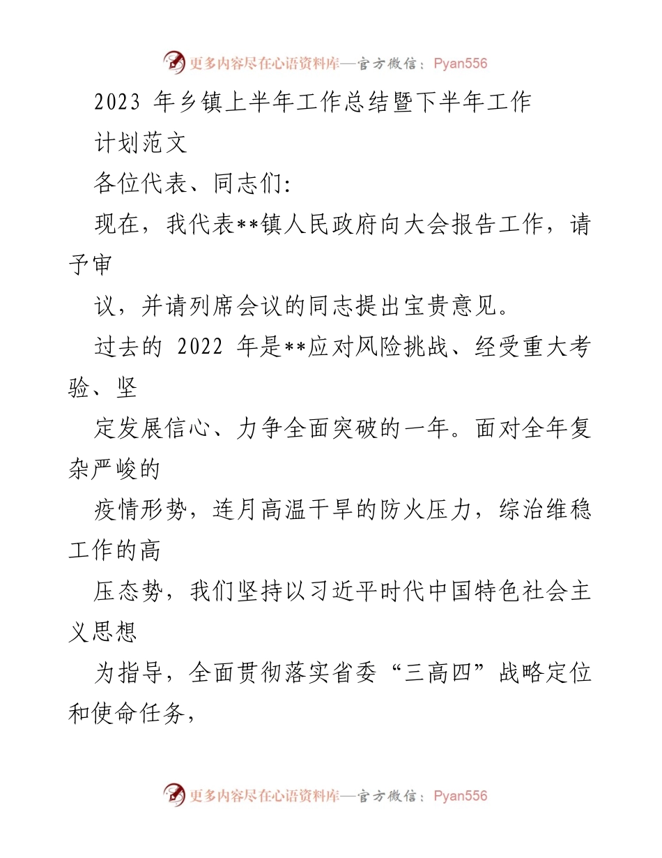 [工作总结] 乡镇会议 - 2023年乡镇上半年工作总结与下半年工作计划报告.docx_第1页