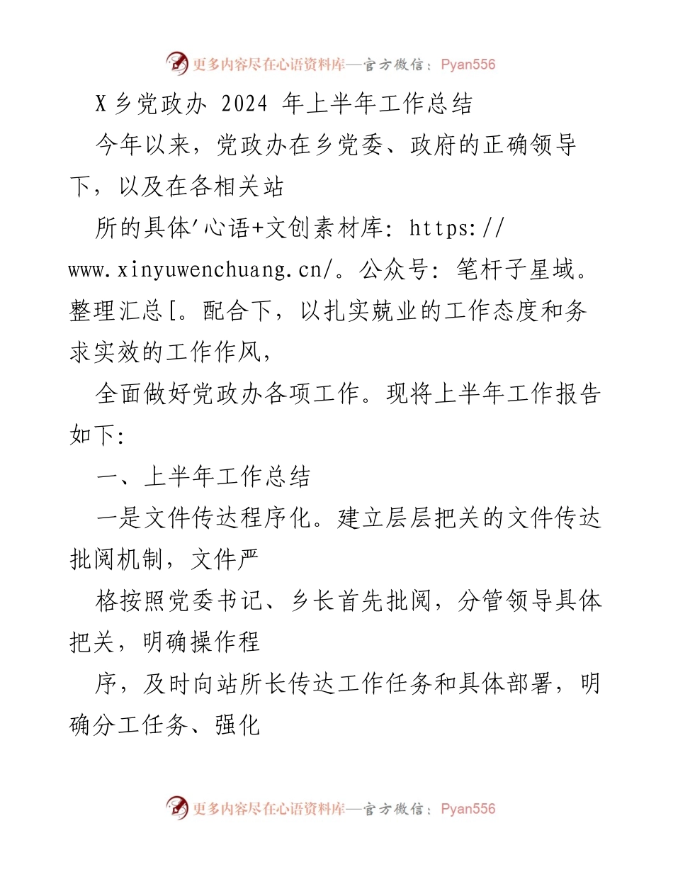 [工作总结] 乡镇党政办 - 2024年上半年党政办工作总结报告.docx_第1页