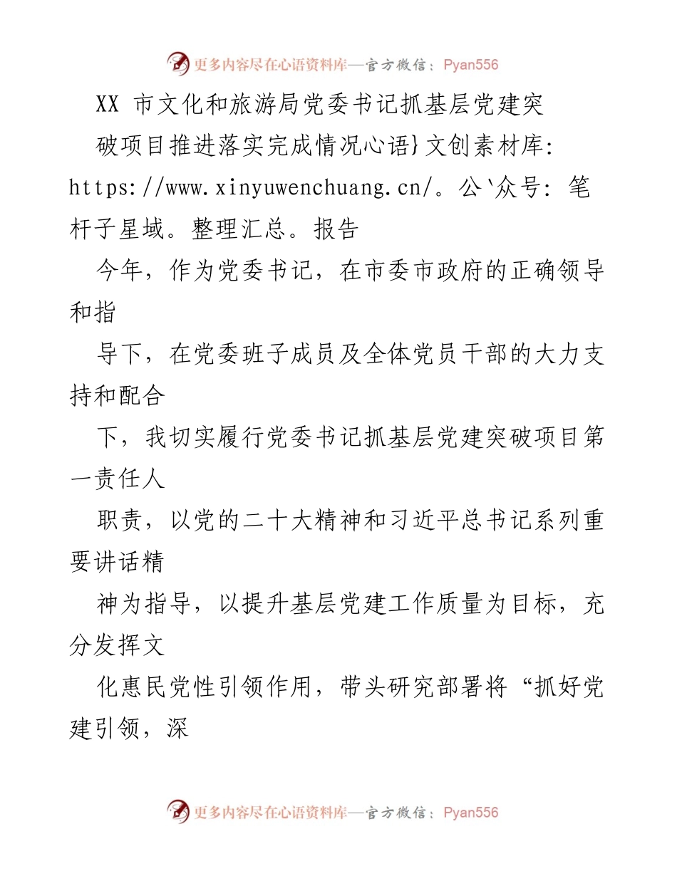 [工作总结] XX市文化和旅游局 - 基层党建突破项目推进落实情况报告.docx_第1页