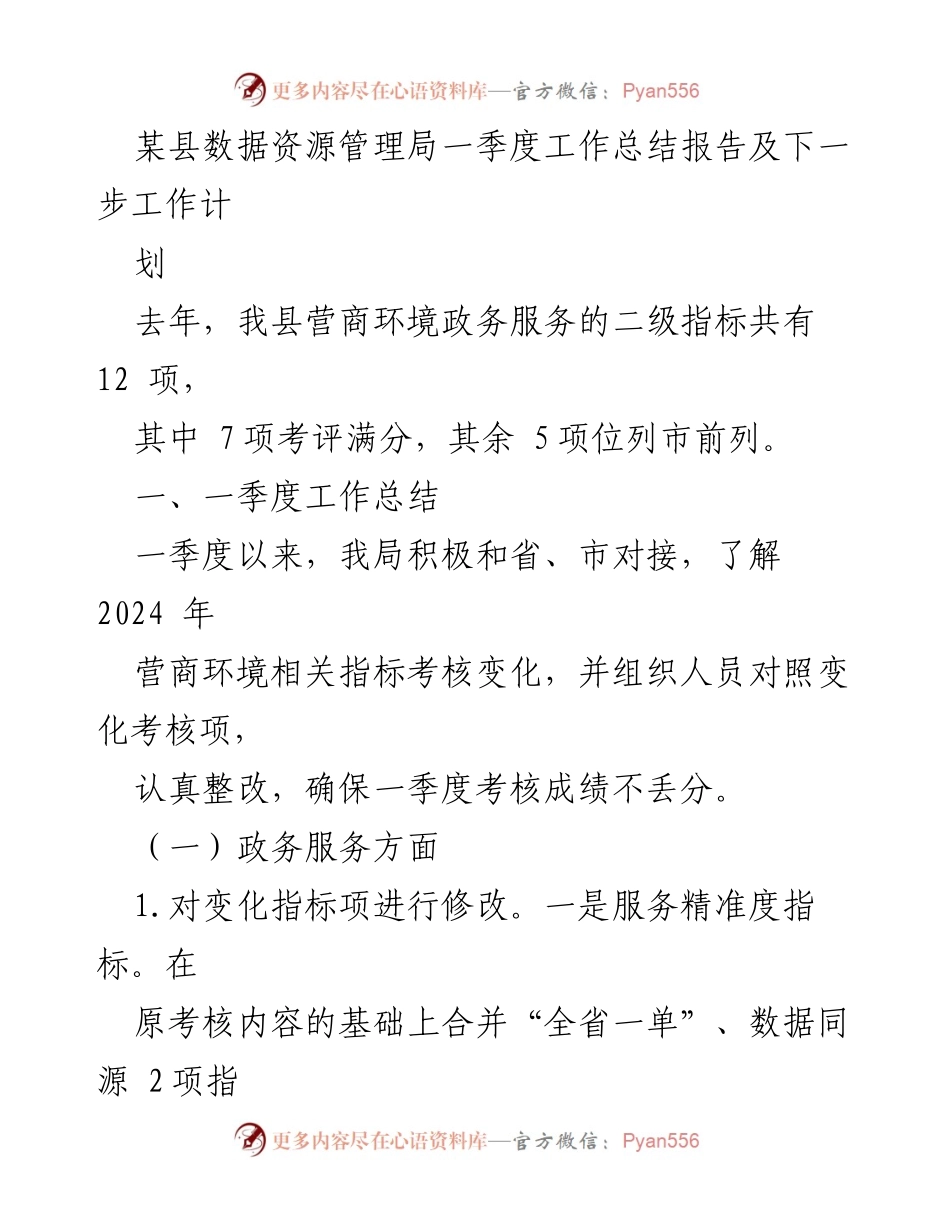 [工作总结] 一季度工作总结 - 某县数据资源管理局2024年营商环境工作总结与计划.docx_第1页