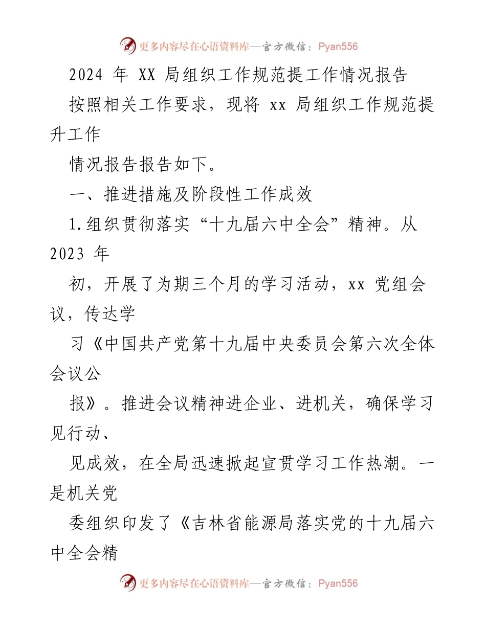 [工作总结] XX局组织工作规范提升 - 2024年组织工作规范提升情况报告.docx_第1页