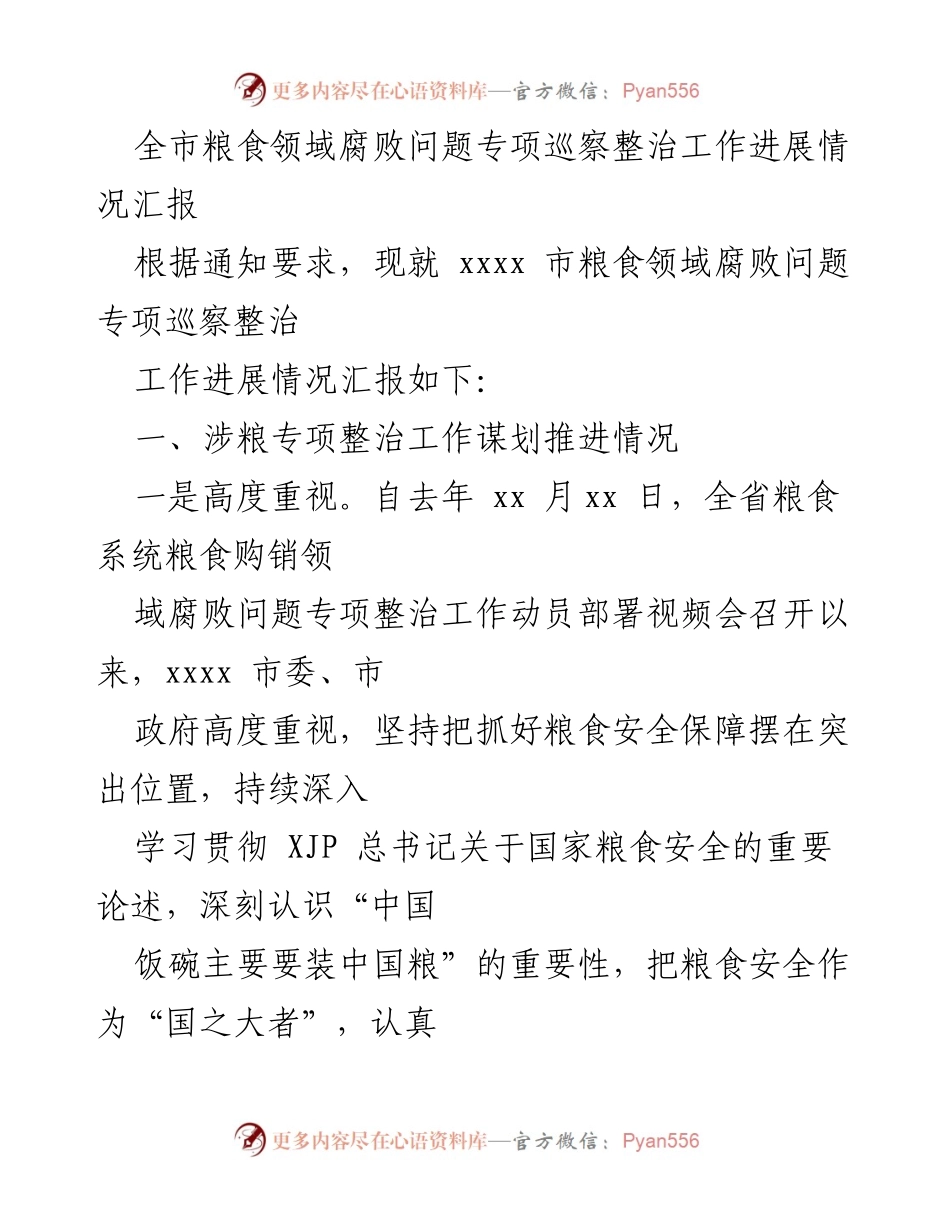 [工作总结] 专项巡察整治 - 全市粮食领域腐败问题专项整治工作进展情况汇报.docx_第1页