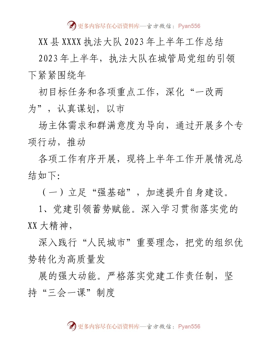 [工作总结] XX县执法大队 - 2023年上半年工作总结与管理提升报告.docx_第1页