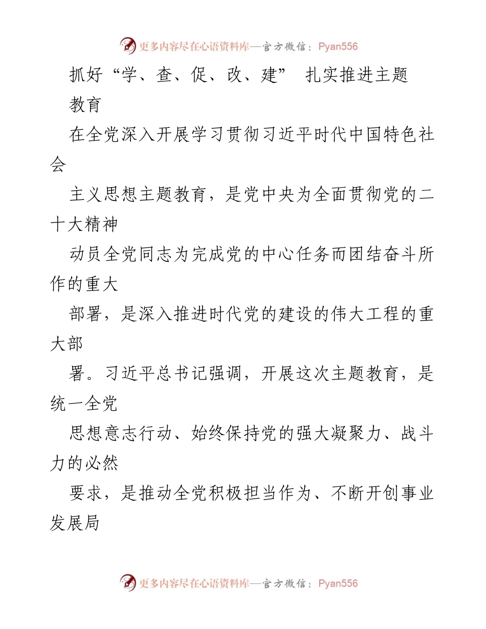 [工作总结] 主题教育推进 - 扎实推进主题教育，抓好“学、查、促、改、建”五个关键点.docx_第1页
