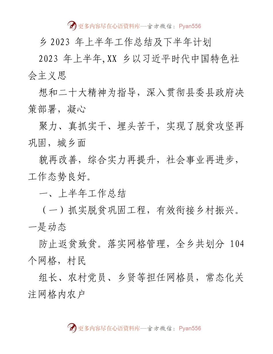 [工作总结] 乡镇 - 2023年上半年工作总结与下半年计划.docx_第1页
