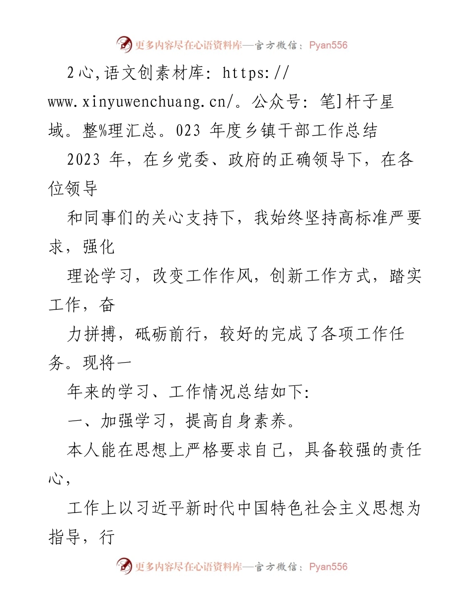 [工作总结] 乡镇干部 - 2023年度乡镇干部工作总结与成效分析_1.docx_第1页