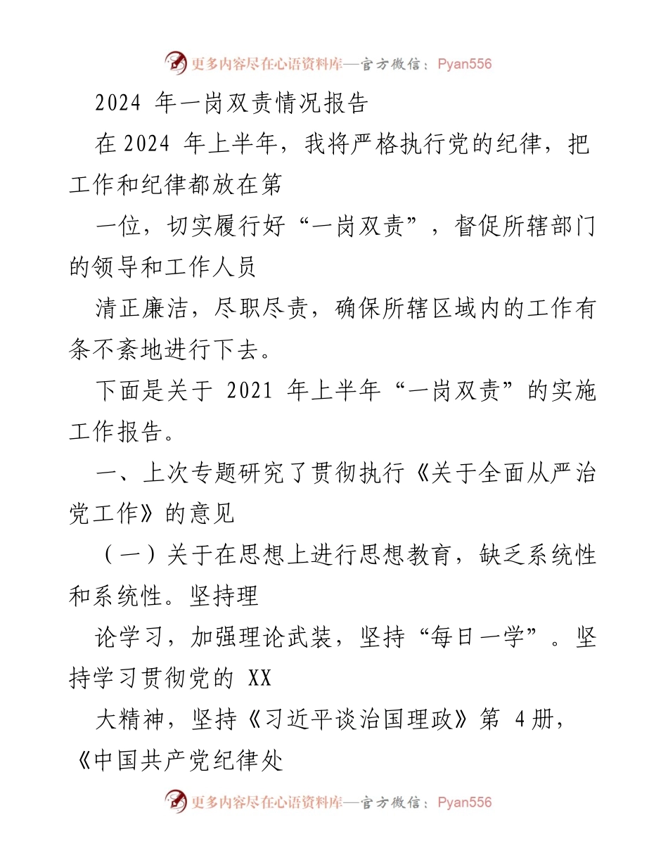 [工作总结] 2024年上半年 - 2024年一岗双责实施工作报告.docx_第1页