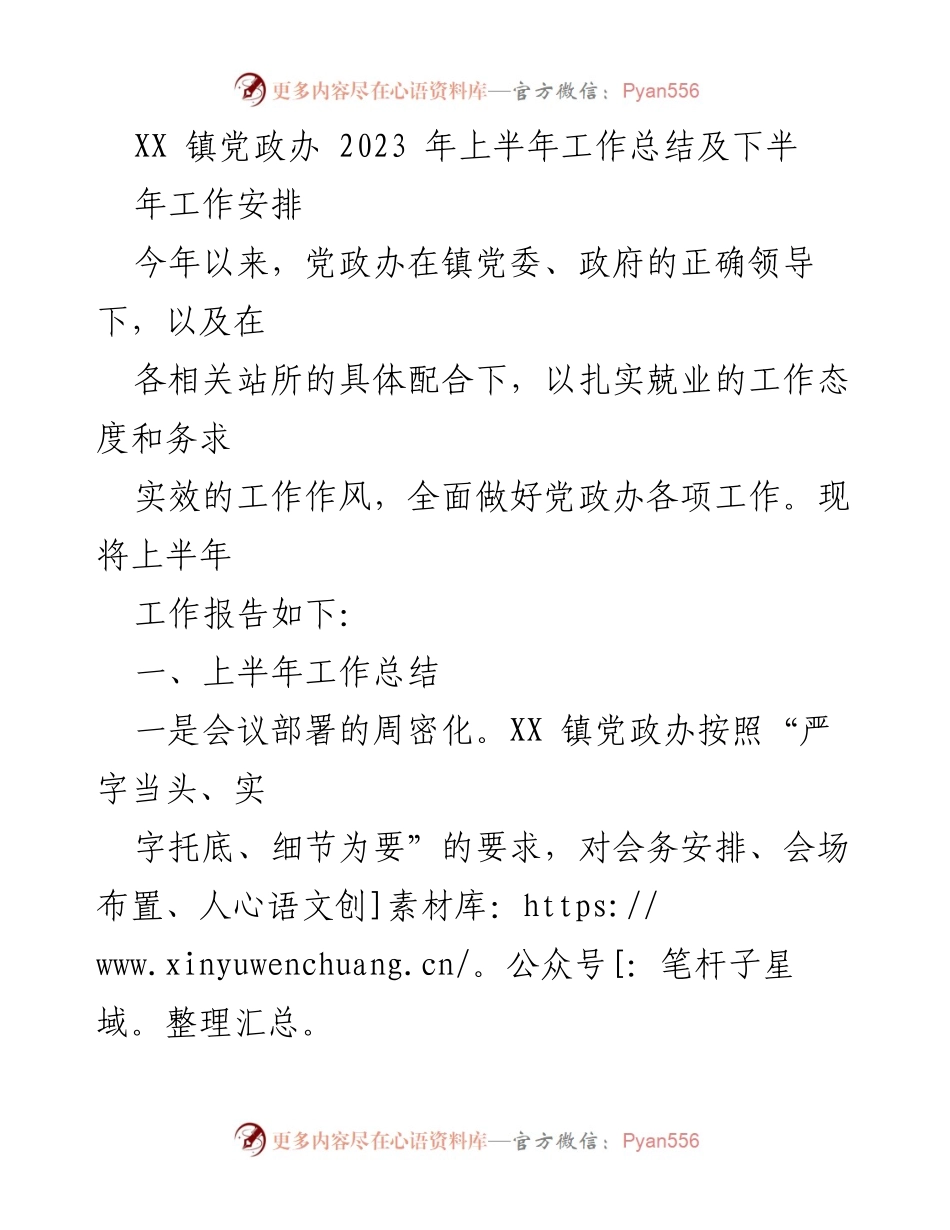 [工作总结] XX镇党政办 - 2023年上半年工作总结及下半年工作安排.docx_第1页