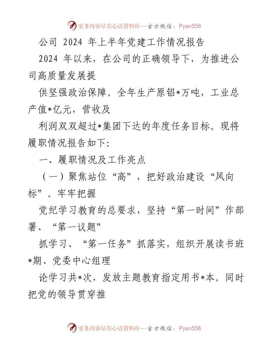 [工作总结] 2024年上半年 - 公司党建工作情况报告.docx_第1页