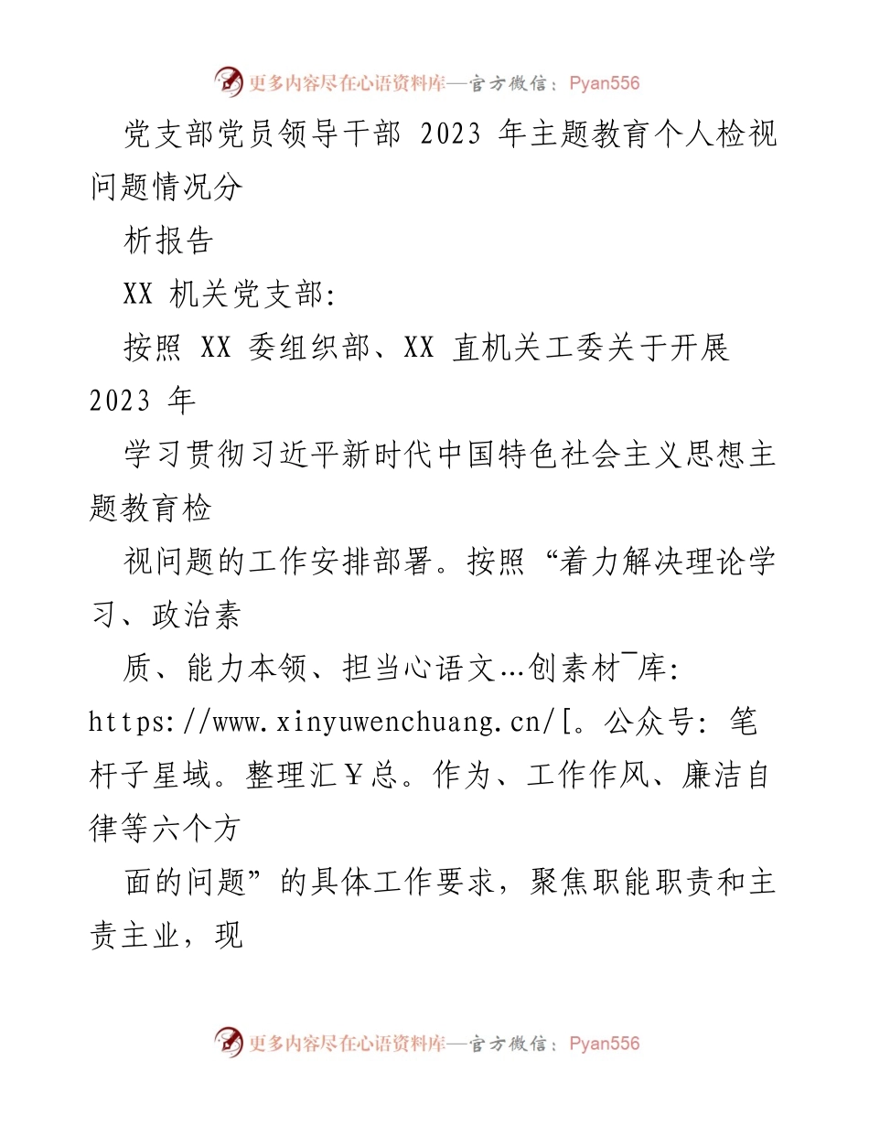 [工作总结] 主题教育 - 2023年党员领导干部主题教育个人检视问题分析报告.docx_第1页