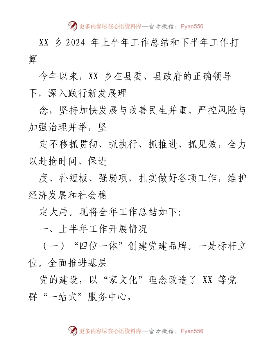 [工作总结] XX乡 - 2024年上半年工作总结与下半年工作计划.docx_第1页