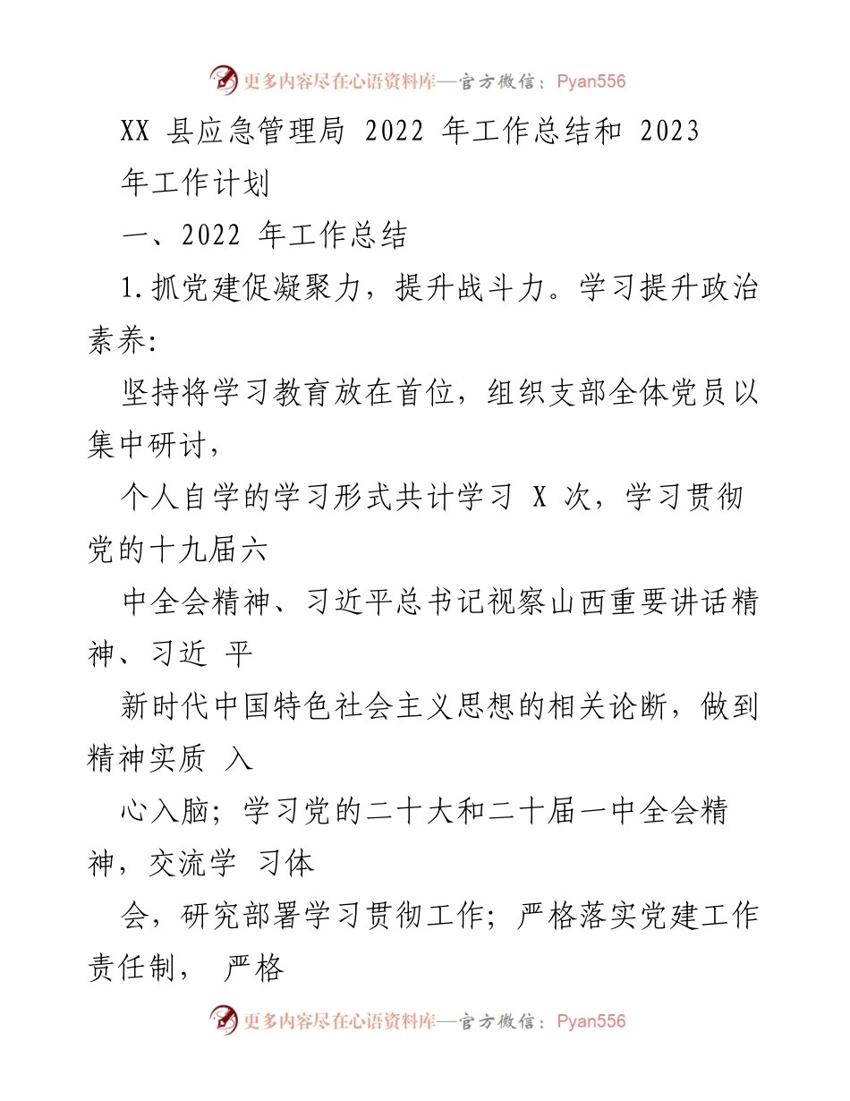 [工作总结] XX县应急管理局 - 2022年工作总结与2023年工作计划.docx_第1页