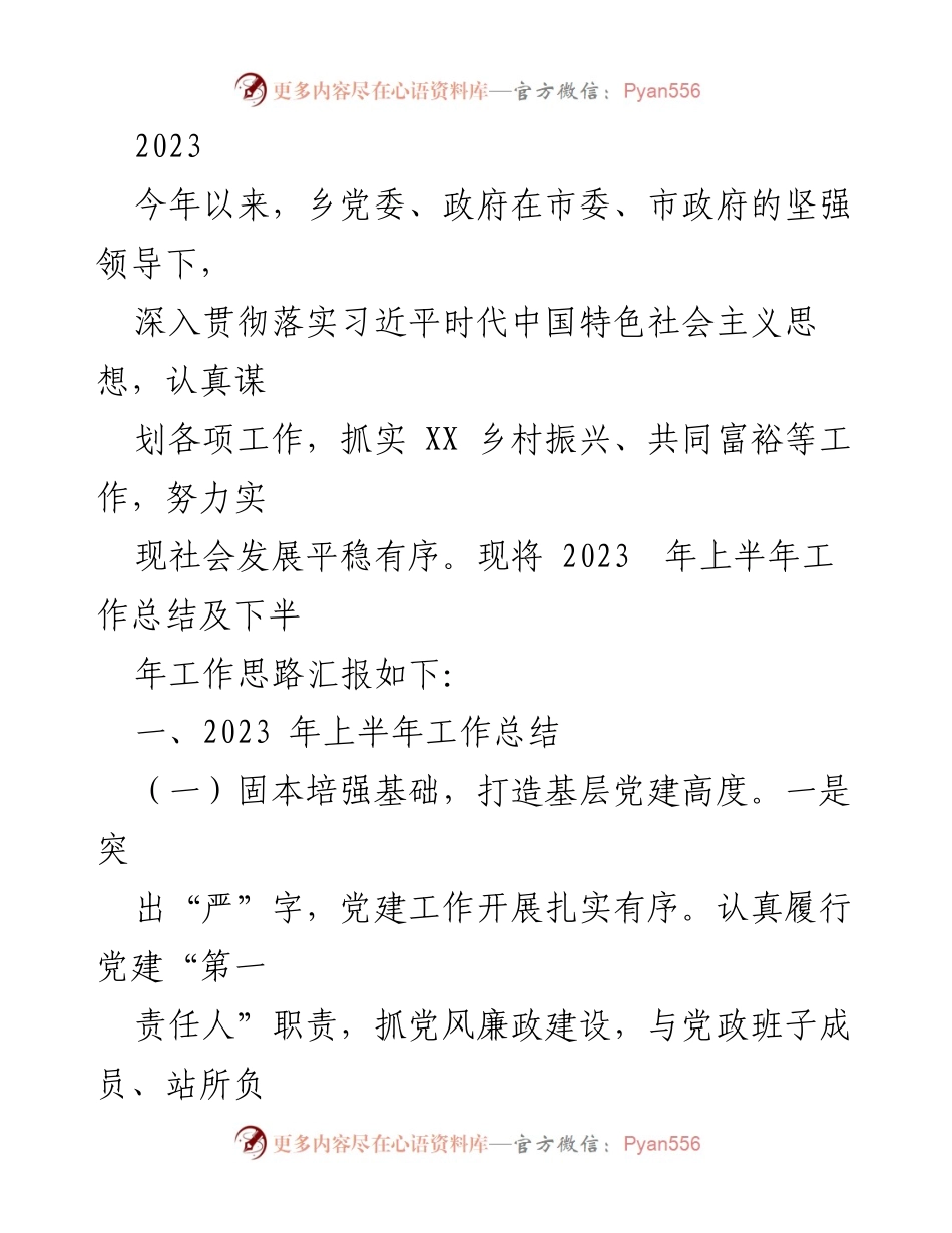 [工作总结] 乡党委政府 - 2023年上半年工作总结及下半年工作思路汇报.docx_第1页