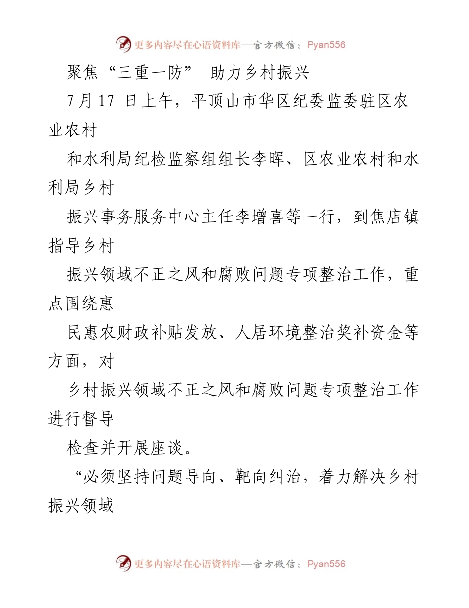 [工作总结] 乡村振兴专项整治 - 聚焦“三重一防”，推动乡村振兴领域反腐工作深入开展.docx_第1页