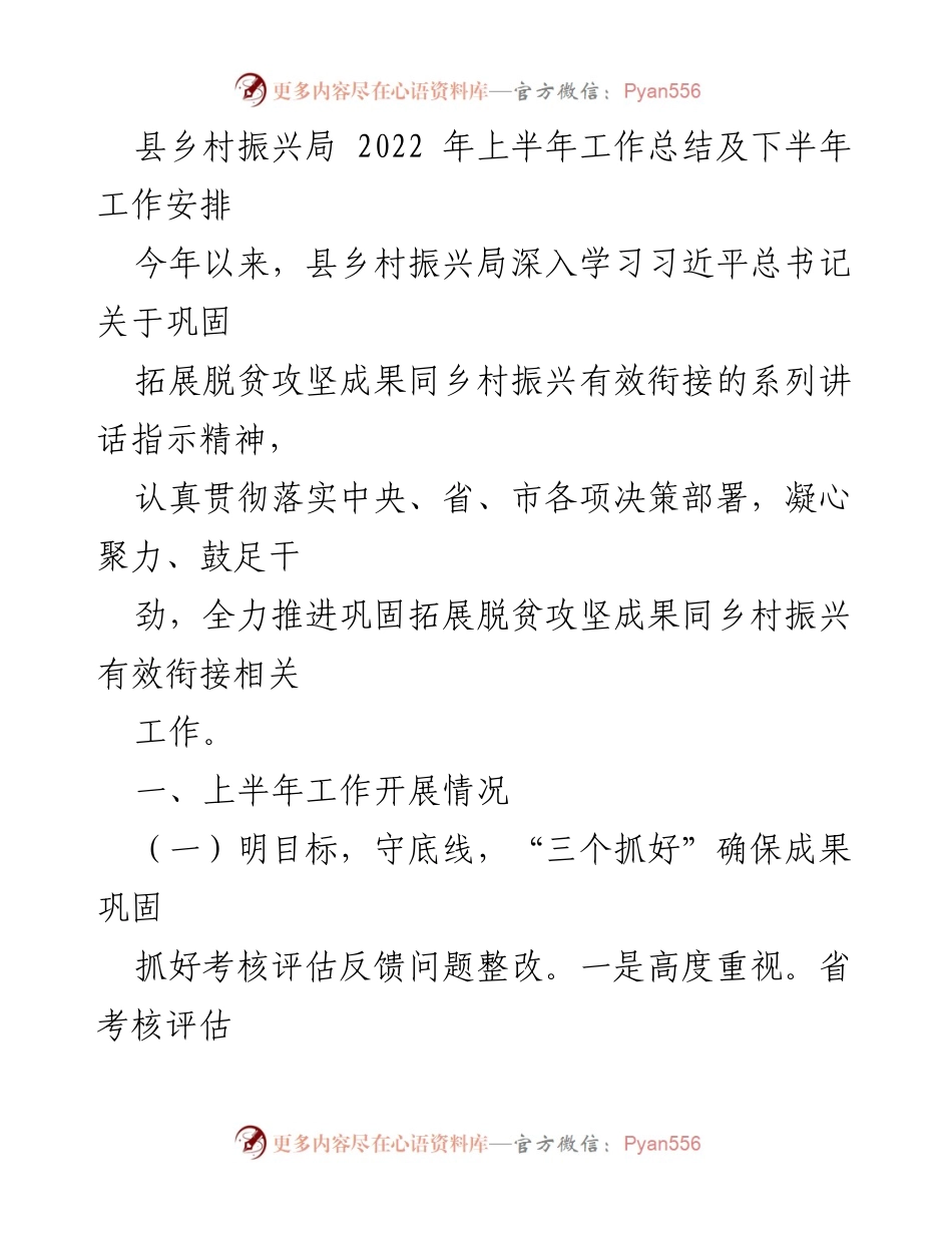 [工作总结] 乡村振兴局 - 2022年上半年工作总结与下半年安排.docx_第1页