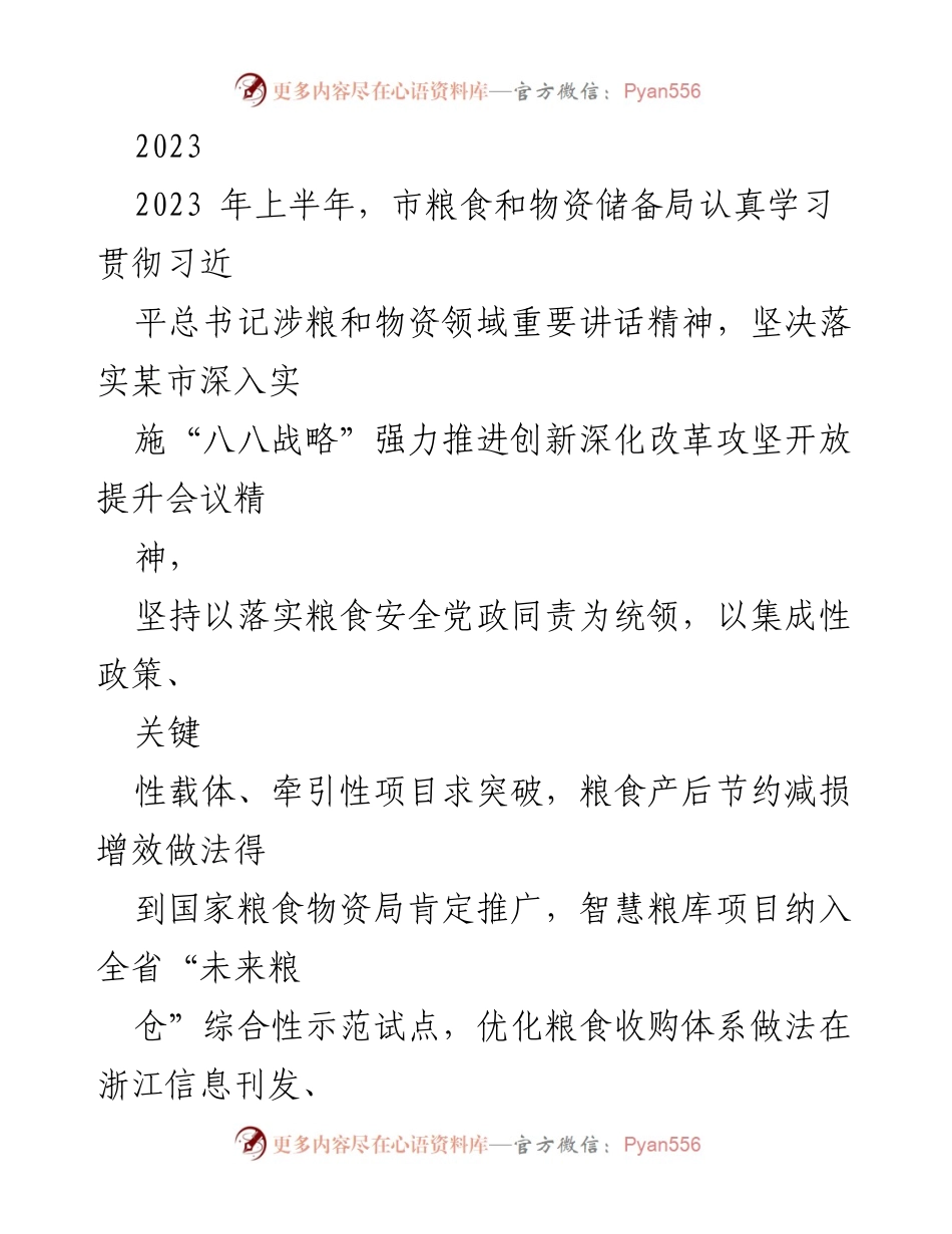 [工作总结] 上半年工作总结 - 2023年上半年市粮食和物资储备局工作总结报告.docx_第1页