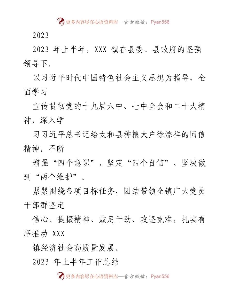 [工作总结] XXX镇2023年上半年 - XXX镇2023年上半年经济社会高质量发展工作总结.docx_第1页