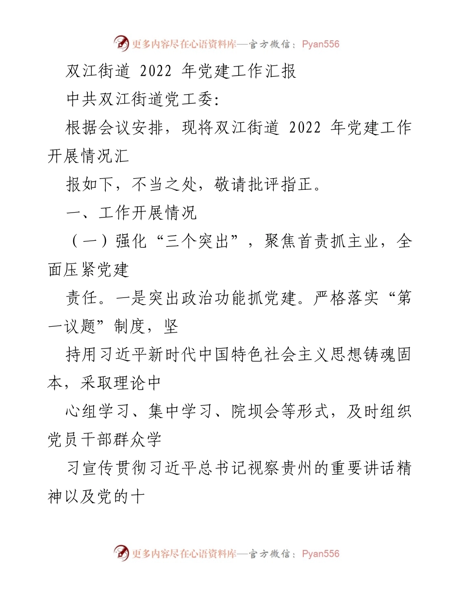[工作总结] 党建工作 - 双江街道2022年党建工作汇报.docx_第1页