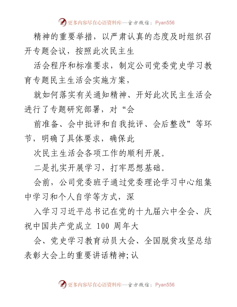 [工作总结] 党史学习教育专题民主生活会 - 公司党委专题民主生活会筹备与实施情况报告.docx_第2页