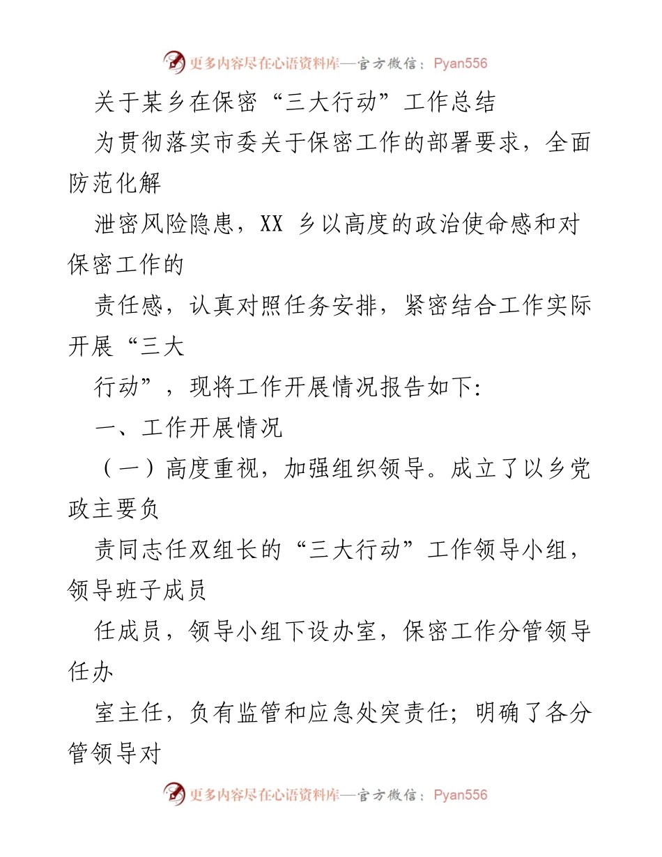 [工作总结] 保密工作 - XX乡保密“三大行动”工作总结与反思.docx_第1页