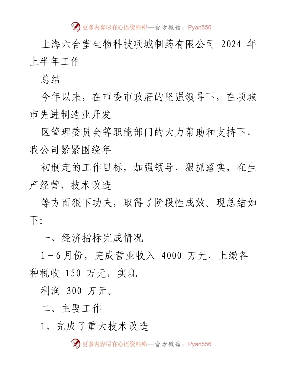 [工作总结] 企业年度总结 - 上海六合堂生物科技项城制药有限公司2024年上半年工作总结.docx_第1页