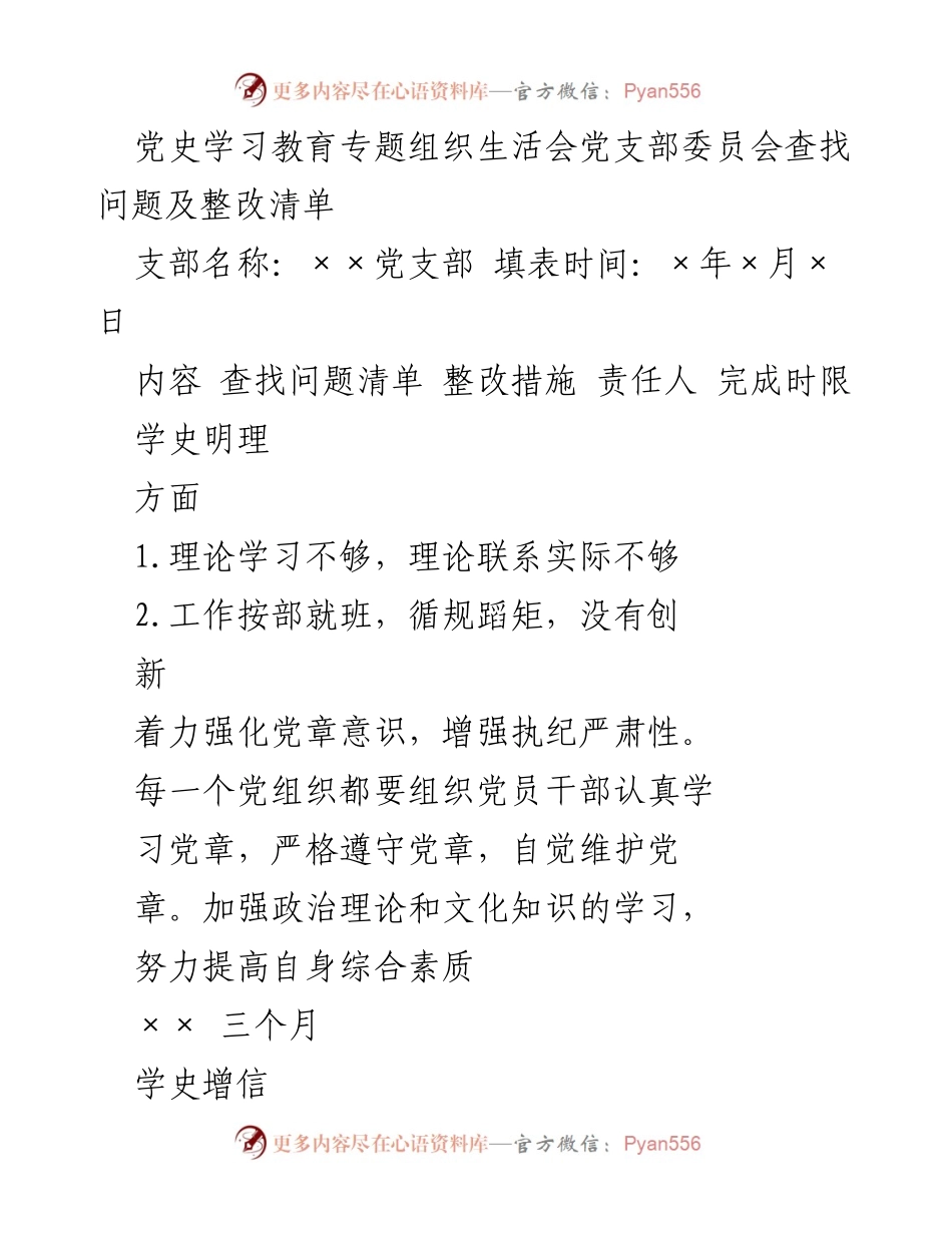 [工作总结] 党史学习教育专题组织生活会 - 党支部问题查找与整改清单.docx_第1页