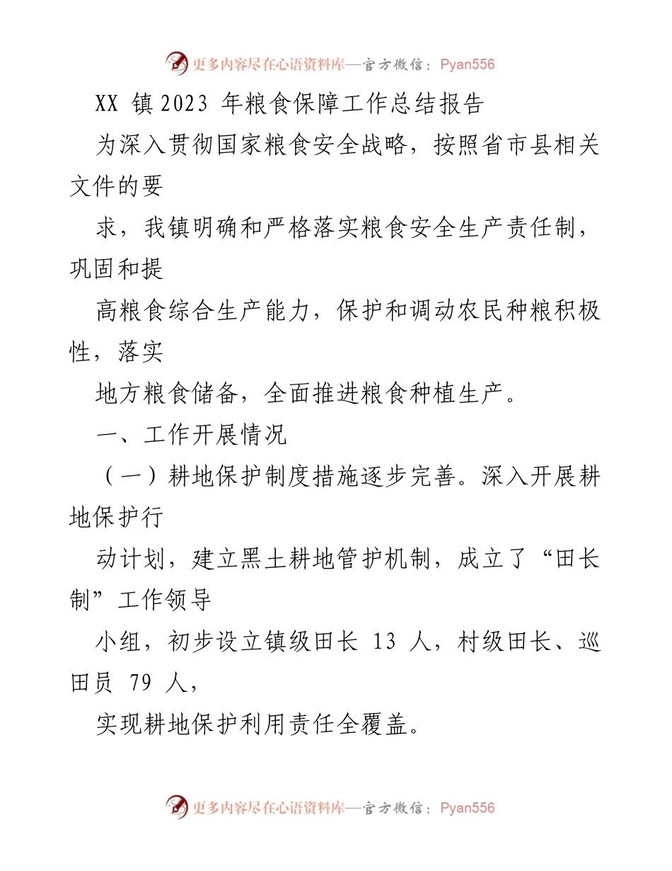 [工作总结] 乡镇粮食保障 - XX镇2023年粮食保障工作总结报告.docx_第1页