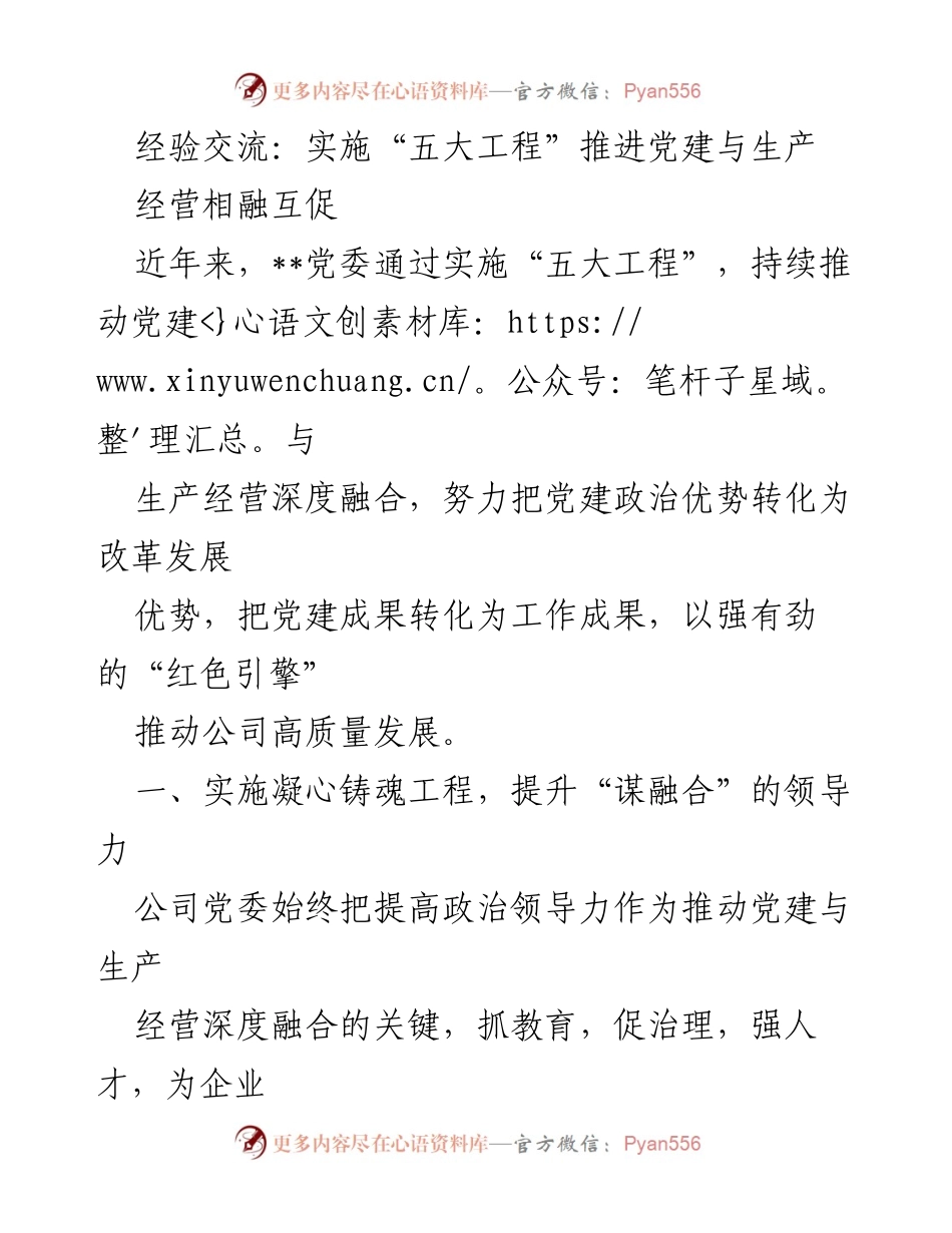 [工作总结] 党建与生产经营融合 - 实施“五大工程”推动党建与生产经营深度融合的经验交流.docx_第1页